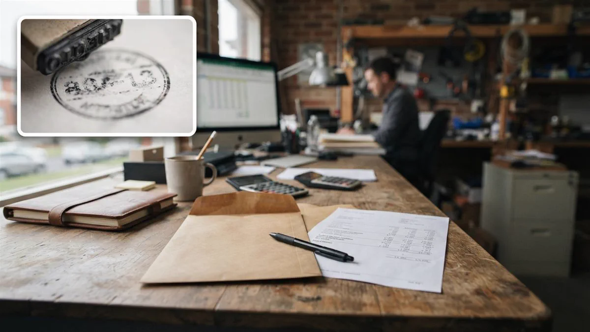 An unsealed envelope and a completed statement on an accountant's desk